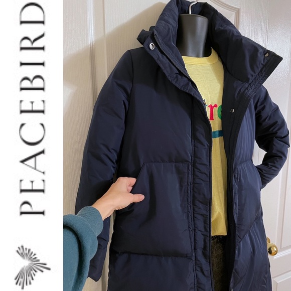 EUC PEACEBIRD midi length down puffer parka coat with hidden hood, navy blue - Picture 4 of 16